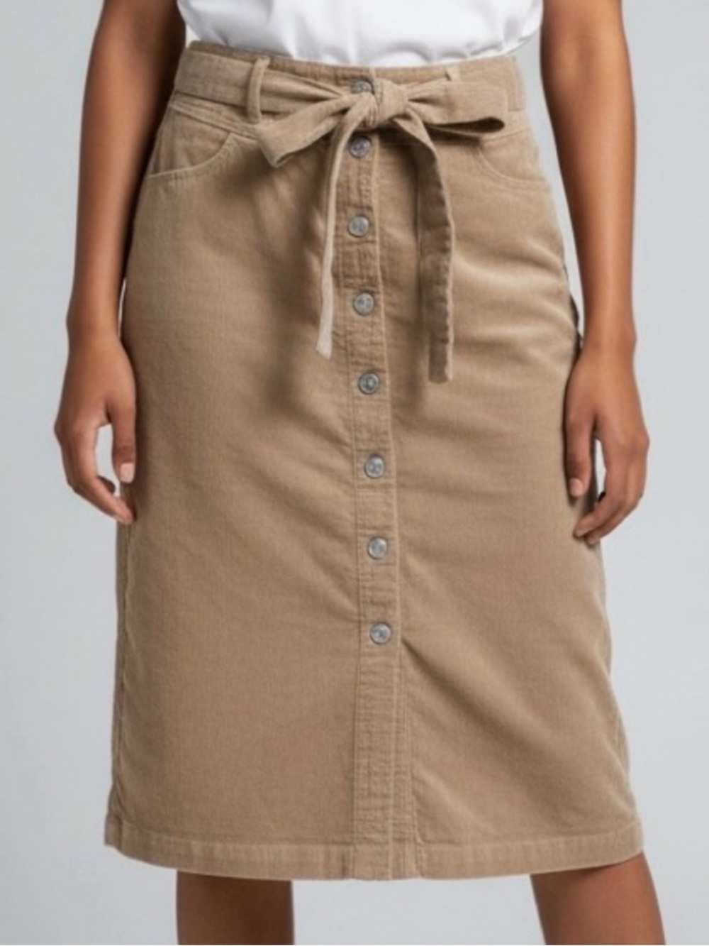 Tan Corduroy Button-Front Midi Skirt with Tie Waist